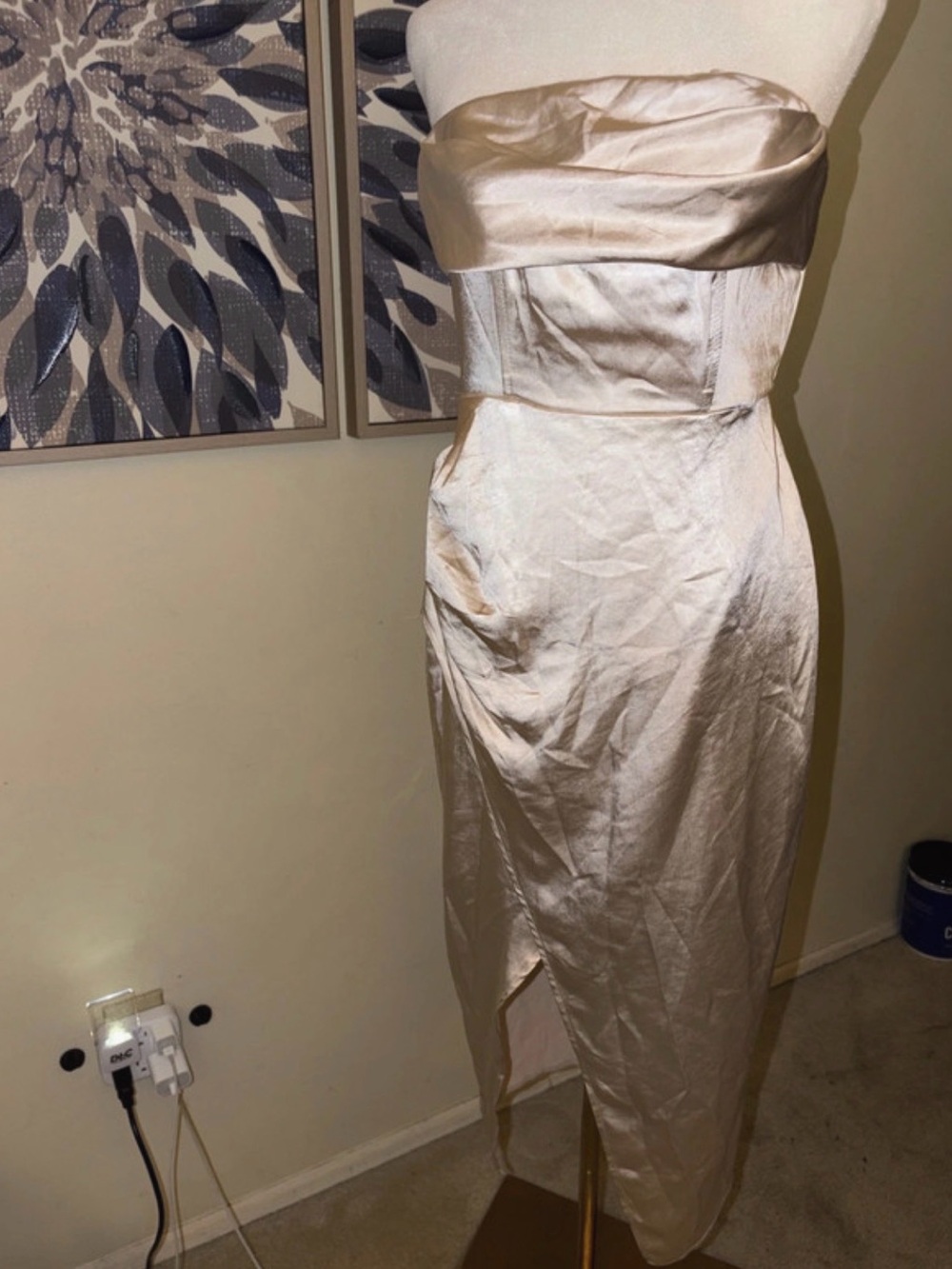 NWT Selfie Leslie Strapless Satin Midi Dress in Champagne Gold Medium Cowl Neck